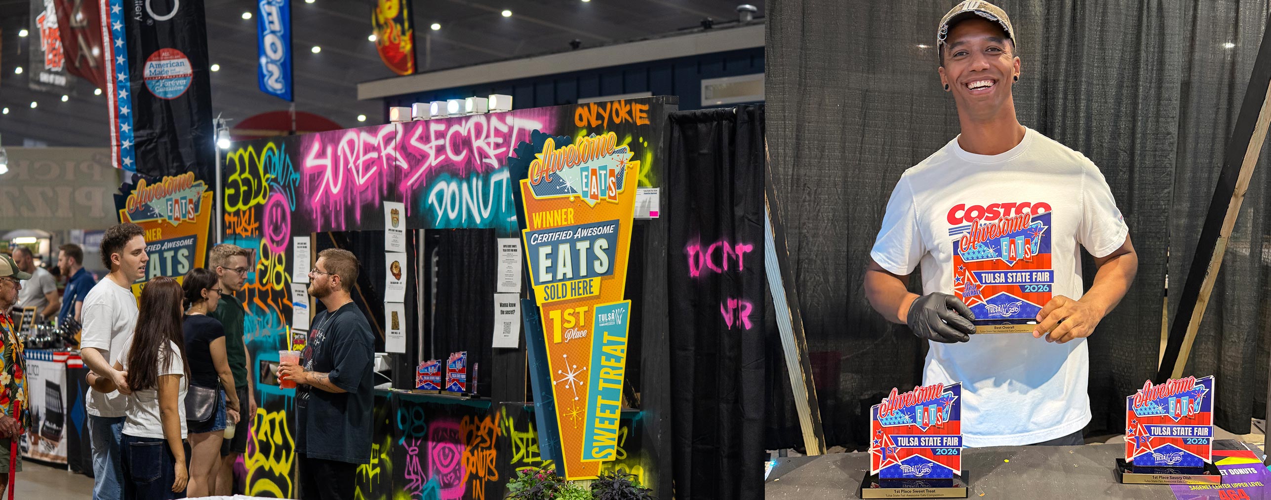 food stand worker showing awards